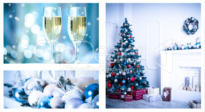 Christmas collage with photos of spruce, champagne and decorations