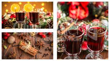 Christmas collage with photos of spruce, champagne, mulled wine, orange, bokeh and decorations