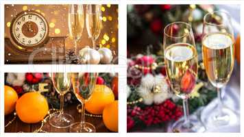 Christmas collage with photos of spruce, champagne, mulled wine, orange, bokeh and decorations