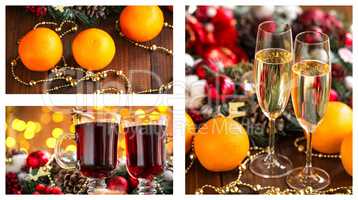 Christmas collage with photos of spruce, champagne, mulled wine, orange, bokeh and decorations