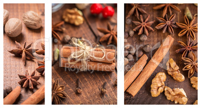 Christmas collage with spices for mulled wine and nuts