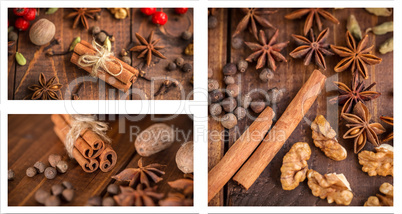 Christmas collage with spices for mulled wine and nuts