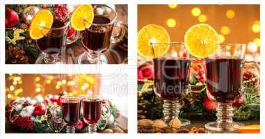 Christmas collage with photos of spruce, champagne, mulled wine, orange, bokeh and decorations