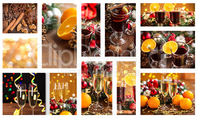 Christmas collage with photos of spruce, champagne, mulled wine, orange, bokeh and decorations