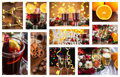 Christmas collage with photos of spruce, champagne, mulled wine, orange, bokeh and decorations