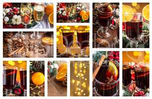 Christmas collage with photos of spruce, champagne, mulled wine, orange, bokeh and decorations