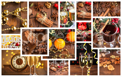 Christmas collage with photos of spruce, champagne, mulled wine,