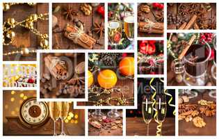 Christmas collage with photos of spruce, champagne, mulled wine,