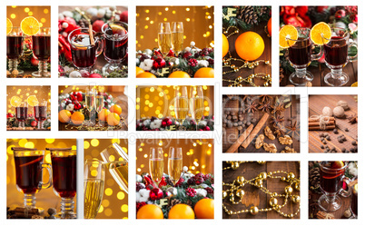 Christmas collage with photos of spruce, champagne, mulled wine, orange, bokeh and decorations