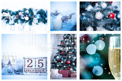 Christmas collage with photos of spruce, champagne and decorations