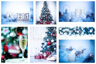 Christmas collage with photos of spruce, champagne and decorations