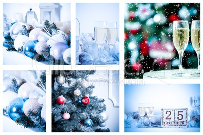 Christmas collage with photos of spruce, champagne and decorations