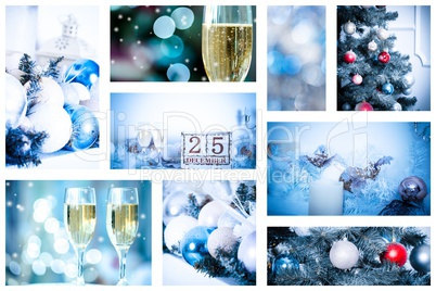 Christmas collage with photos of spruce, champagne and decorations