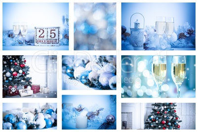 Christmas collage with photos of spruce, champagne and decorations