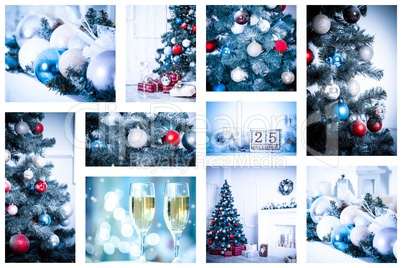 Christmas collage with photos of spruce, champagne and decorations