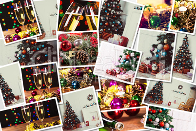 Christmas collage with photos of spruce, champagne and decorations