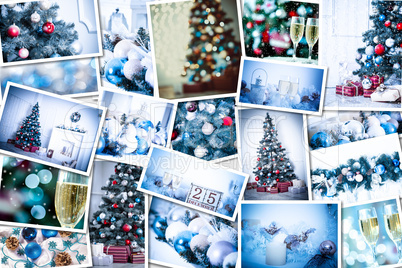 Christmas collage with photos of spruce, champagne and decorations