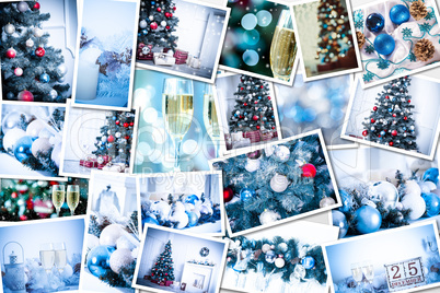 Christmas collage with photos of spruce, champagne and decorations