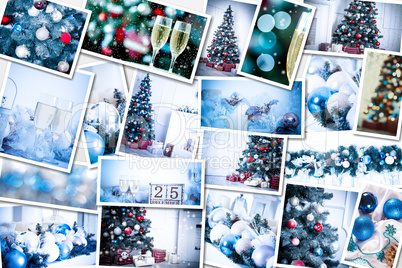 Christmas collage with photos of spruce, champagne and decorations