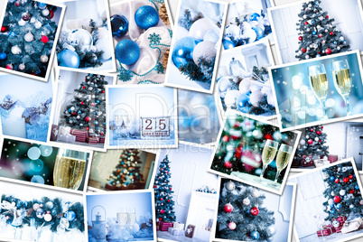 Christmas collage with photos of spruce, champagne and decorations