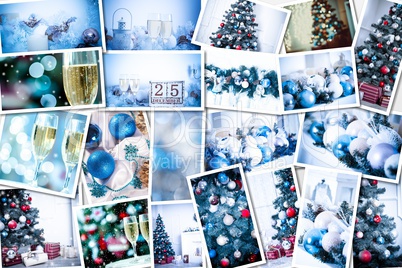 Christmas collage with photos of spruce, champagne and decorations