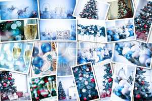 Christmas collage with photos of spruce, champagne and decorations