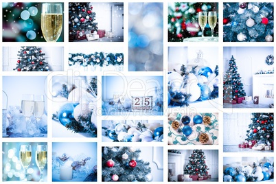 Christmas collage with photos of spruce, champagne and decorations