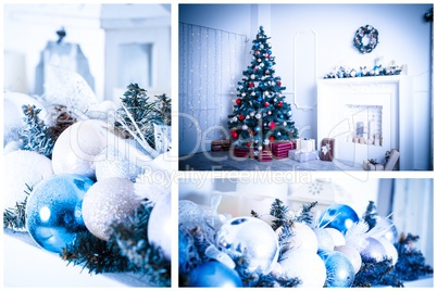 Christmas collage with photos of spruce, champagne and decorations