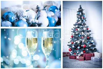 Christmas collage with photos of spruce, champagne and decorations