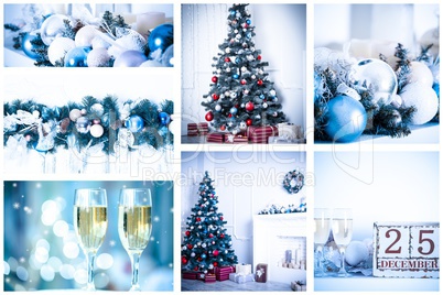 Christmas collage with photos of spruce, champagne and decorations