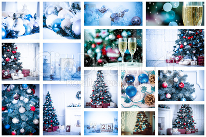 Christmas collage with photos of spruce, champagne and decorations