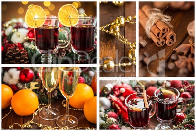 Christmas collage with photos of spruce, champagne, mulled wine, orange, bokeh and decorations