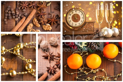 Christmas collage with photos of spruce, champagne, mulled wine, orange, bokeh and decorations