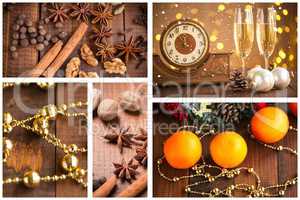 Christmas collage with photos of spruce, champagne, mulled wine, orange, bokeh and decorations