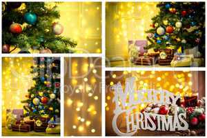 Christmas collage with photos of spruce, champagne, mulled wine, orange, bokeh and decorations