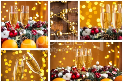 Christmas collage with photos of spruce, champagne, mulled wine, orange, bokeh and decorations