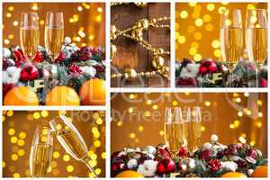 Christmas collage with photos of spruce, champagne, mulled wine, orange, bokeh and decorations