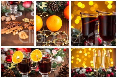 Christmas collage with photos of spruce, champagne, mulled wine, orange, bokeh and decorations