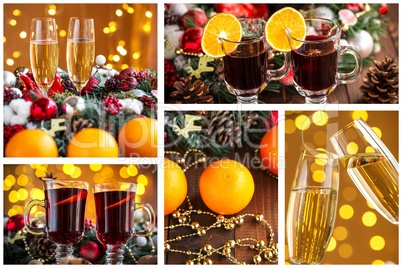 Christmas collage with photos of spruce, champagne, mulled wine, orange, bokeh and decorations