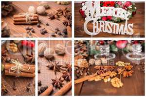 Christmas collage with spices for mulled wine and nuts