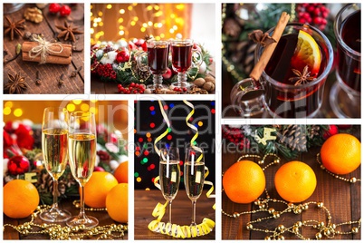 Christmas collage with photos of spruce, champagne, mulled wine, orange, bokeh and decorations