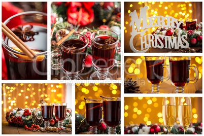 Christmas collage with photos of spruce, champagne, mulled wine, orange, bokeh and decorations