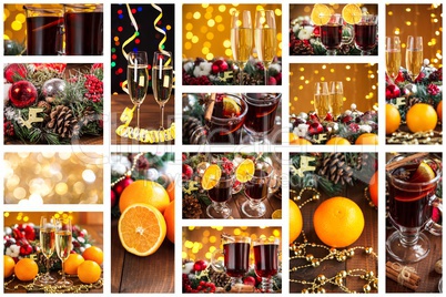 Christmas collage with photos of spruce, champagne, mulled wine, orange, bokeh and decorations