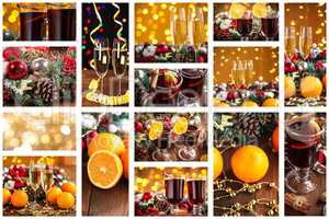 Christmas collage with photos of spruce, champagne, mulled wine, orange, bokeh and decorations