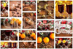 Christmas collage with photos of spruce, champagne, mulled wine, orange, bokeh and decorations