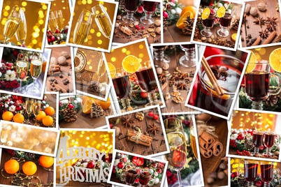 Christmas collage with photos of spruce, champagne, mulled wine, orange, bokeh and decorations