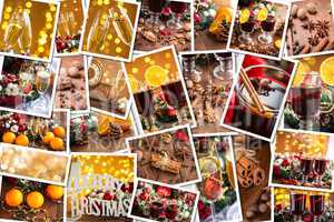 Christmas collage with photos of spruce, champagne, mulled wine, orange, bokeh and decorations