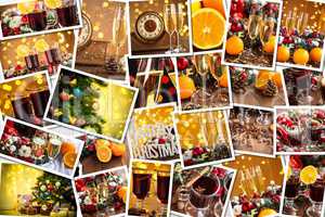 Christmas collage with photos of spruce, champagne, mulled wine, orange, bokeh and decorations