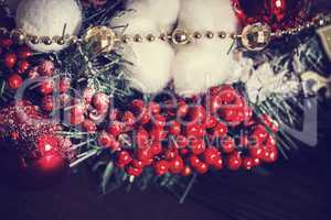Christmas Decoration with Snow Over Wooden Background