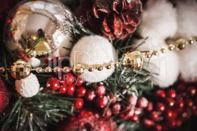 Christmas Decoration with Snow Over Wooden Background